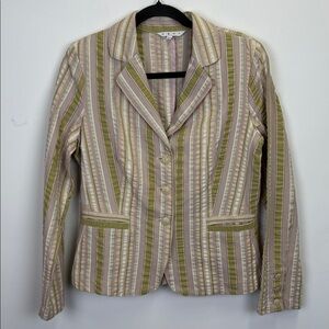 CAbi Blazer Jacket Style 308 Tan Green Striped Seersucker Fitted Pockets/ Size 8